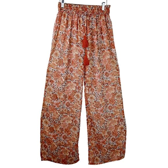 Tularosa SZ S Long Sheer Wide Leg Pants Tassle Tie Daisy Print In Rust Shades - Picture 3 of 8